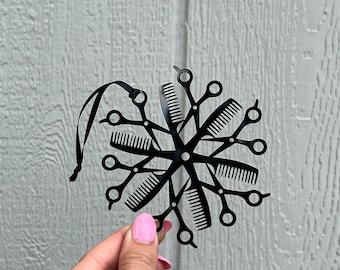 Hairdresser Hair Stylist Barber Appreciation Snowflake Ornament Comb Hair Scissors -Gloss Black