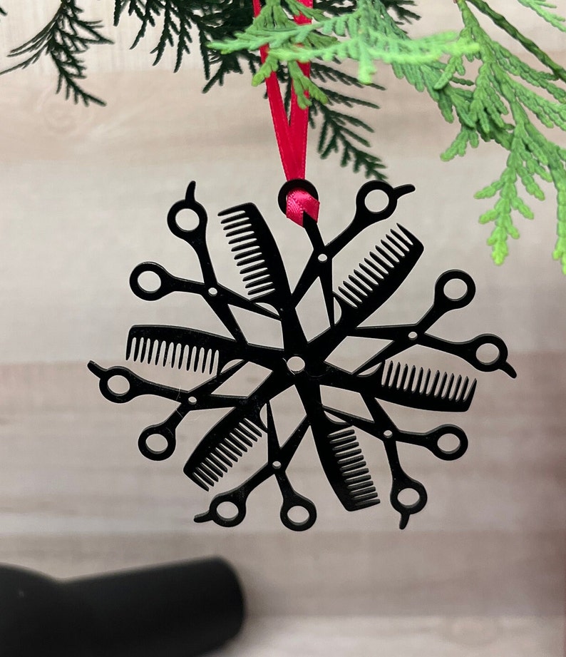 Hairdresser Hair Stylist Barber Appreciation Snowflake Ornament Comb Hair Scissors Gloss Black image 4