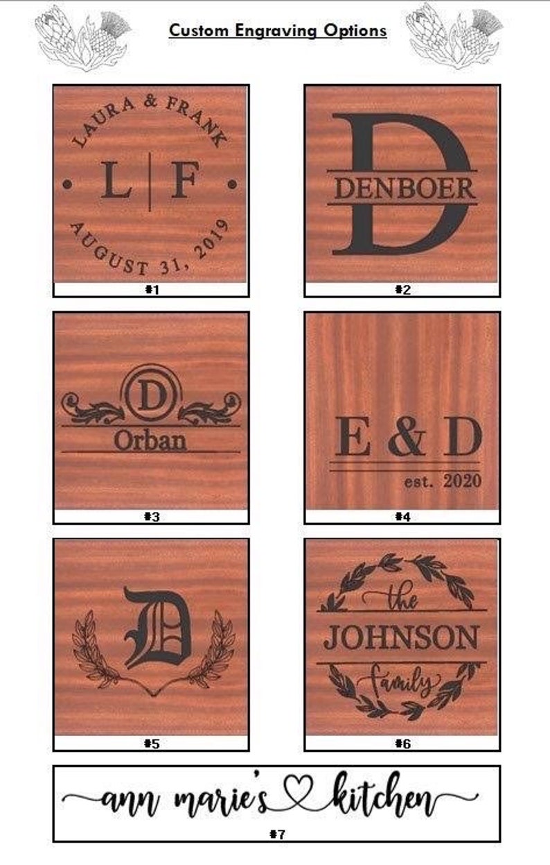 May include: A collection of custom engraving options on wooden plaques. Designs include names, initials, dates, and family names. The text is in a dark color, and the wood has a reddish-brown tone.