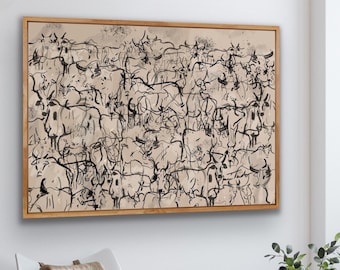 Wayward Herd of Cows Abstract Canvas Wall Art, Mid Century Modern Original Art Print, Large Oil Painting Oversize Framed Cattle Art, HP1