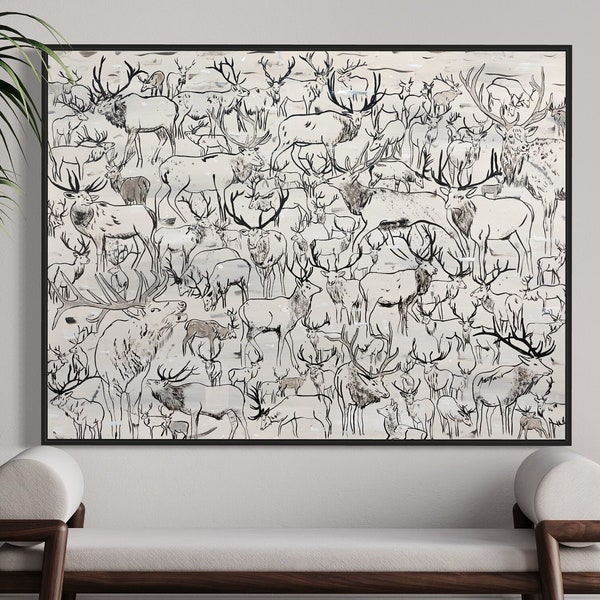 NEW! Bugling Herd of Elk Abstract Canvas Wall Art, Mid Century Modern Original Art Print, Large Oil Painting Oversize Herd of Elk Herd Print