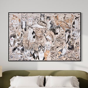 Mischievous Cats Canvas Art Print, Mid Century Modern, Large Oil Painting