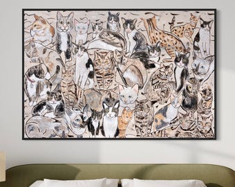 Mischievous Cats Canvas Art Print, Mid Century Modern, Large Oil Painting