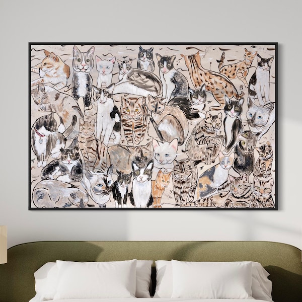 Mischievous Cats Canvas Art Print, Mid Century Modern, Large Oil Painting
