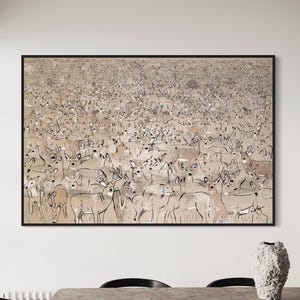 Gathering Herd Abstract Deer Canvas Wall Art, Mid Century Modern Original Print, Large Wall Oil Painting, Oversize Framed Art, Deer Herd HP1