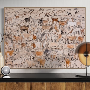 NEW! Playful Herd of Goats Abstract Canvas Wall Art, Mid Century Modern Original Art Print, Large Oil Painting Oversize Framed Wall Art