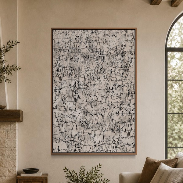 Wayward Herd of Cows Print, Mid Century Modern Cattle Art, Framed Canvas