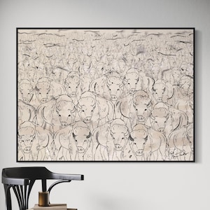 Stampeding Herd Buffalo Canvas Wall Art, Abstract Mid Century Modern Original Art, Large Oil Painting Print, Oversized Framed Art Decor, HP1