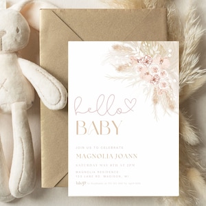 Boho Baby Girl Shower Invitation, modèle modifiable d'herbe de pampa, téléchargement immédiat, invitation de fleur séchée Boho, invitation de douche minimale