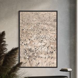 Gathering Herd of Abstract Whitetail Deer Canvas Wall Art Print, Mid Century Modern Original Art, Large Oil Painting Framed Decor HP1