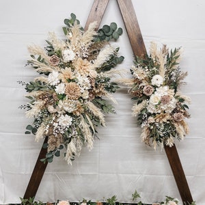 Bright Dahlia and Roses Eucalyptus and Pampas Wedding Arch Arrangement, Boho Flowers for Rustic Fall Home Decor, Rust and Orange Bouquet