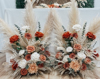 Self Standing Floral Arrangement Set, Burnt Orange Eucalyptus Pampas Grass Decor, Rustic Fall Wedding Flowers, Terracotta Aisle Flowers