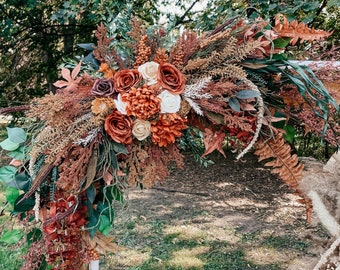 Burnt Orange Wedding Arch Arrangement, Eucalyptus Garland, Rustic Wedding Arch Backdrop Flowers, Bride Bouquet Decor for Barn Wedding