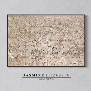 May include: A digital art print depicting a large herd of deer in a beige colour scheme. The deer are drawn in black lines and are all facing different directions. The print is titled "JASMINE ELIZABETH Digital Art Print".