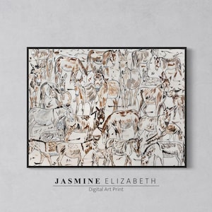 May include: A framed digital art print depicting a herd of donkeys in brown, grey, and white tones. The artwork has a sketched appearance with visible brushstrokes. The artist's name, Jasmine Elizabeth, and "Digital Art Print" are printed at the bottom.