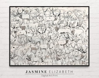 Bugling Herd Digital Download Abstract Elk Herd Print, Framed Oil Painting Wall Art, Rustic Farmhouse Mid Century Modern Decor Gift