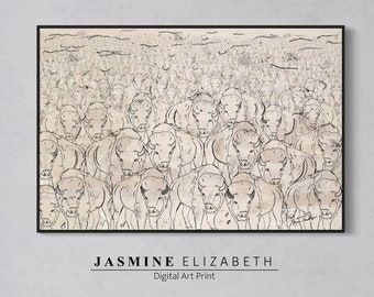 Stampeding Herd Digital Download Abstract Buffalo Herd Print, Original Herd Art Wall Decor, Rustic Farmhouse Mid Century Modern Wall Decor