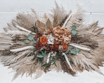 Eucalyptus Rust Boho Pampas Arch Arrangement, Home Wall Decor, Backdrop Wedding Sign, Rustic Terracotta Orange,  Customizable Bridal Bouquet