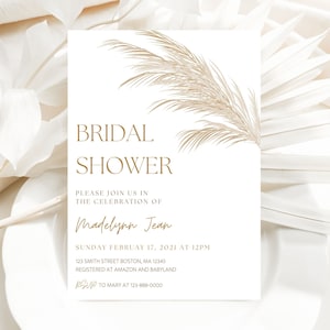 Invitation de douche nuptiale Boho, modèle modifiable d'herbe de pampa, téléchargement immédiat, invitation de fleur séchée Boho, invitation de douche minimale