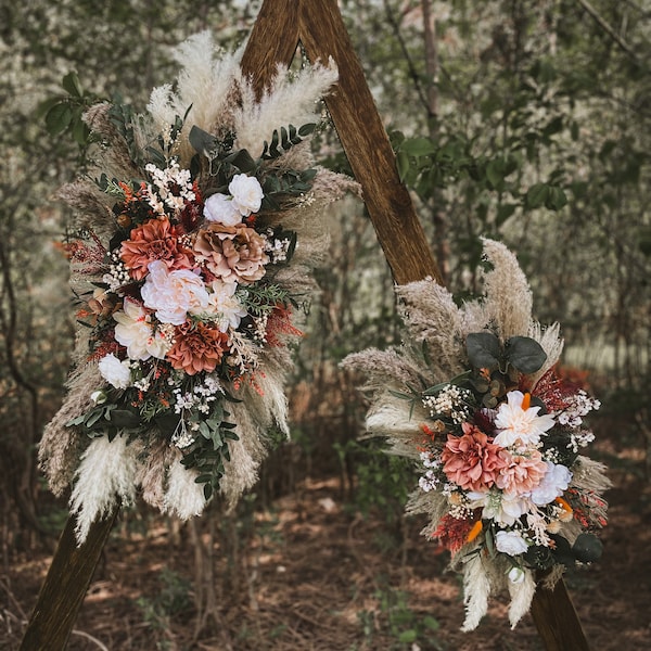 Eucalyptus and Pampas Wedding Arch Arrangement, Boho Moody Fall Flowers, Rustic Backdrop, Fall Home Decor, Rust and Burnt Orange Bouquet
