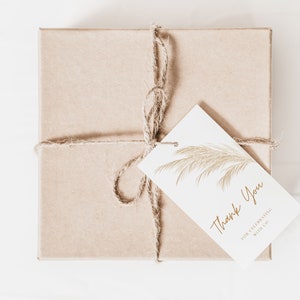 Étiquettes de remerciement Boho, modèle modifiable d'herbe de pampa, téléchargement d'impression instantanée, fleur séchée Boho, note de remerciement minimale, douche nuptiale