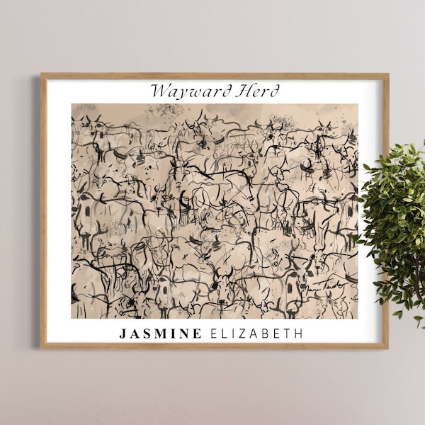 Wayward Herd Digital Download Abstract Cows Print, Framed Cattle Oil Painting Wall Art, Farmhouse Mid Century Modern Framed Decor Gift, HP01