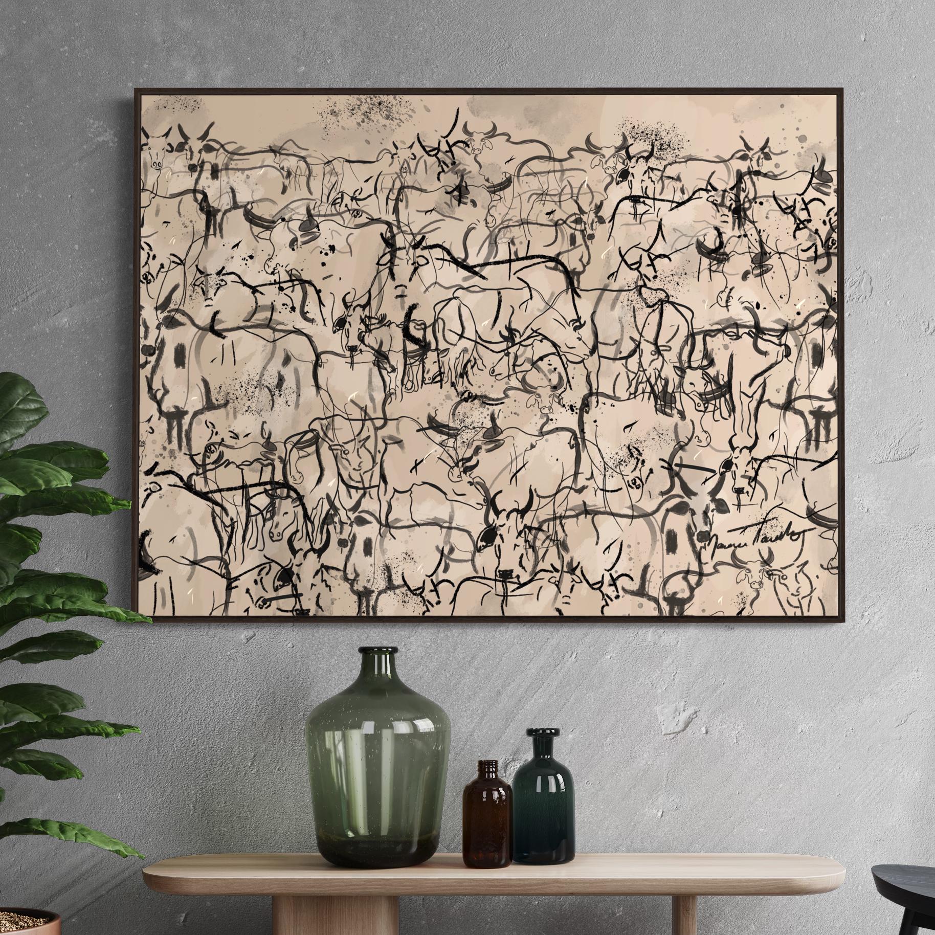 Wayward Herd of Cows Abstract Canvas Wall Art, Mid Century Modern Original Art Print, Large Oil Painting Oversize Framed Cattle Art, HP1