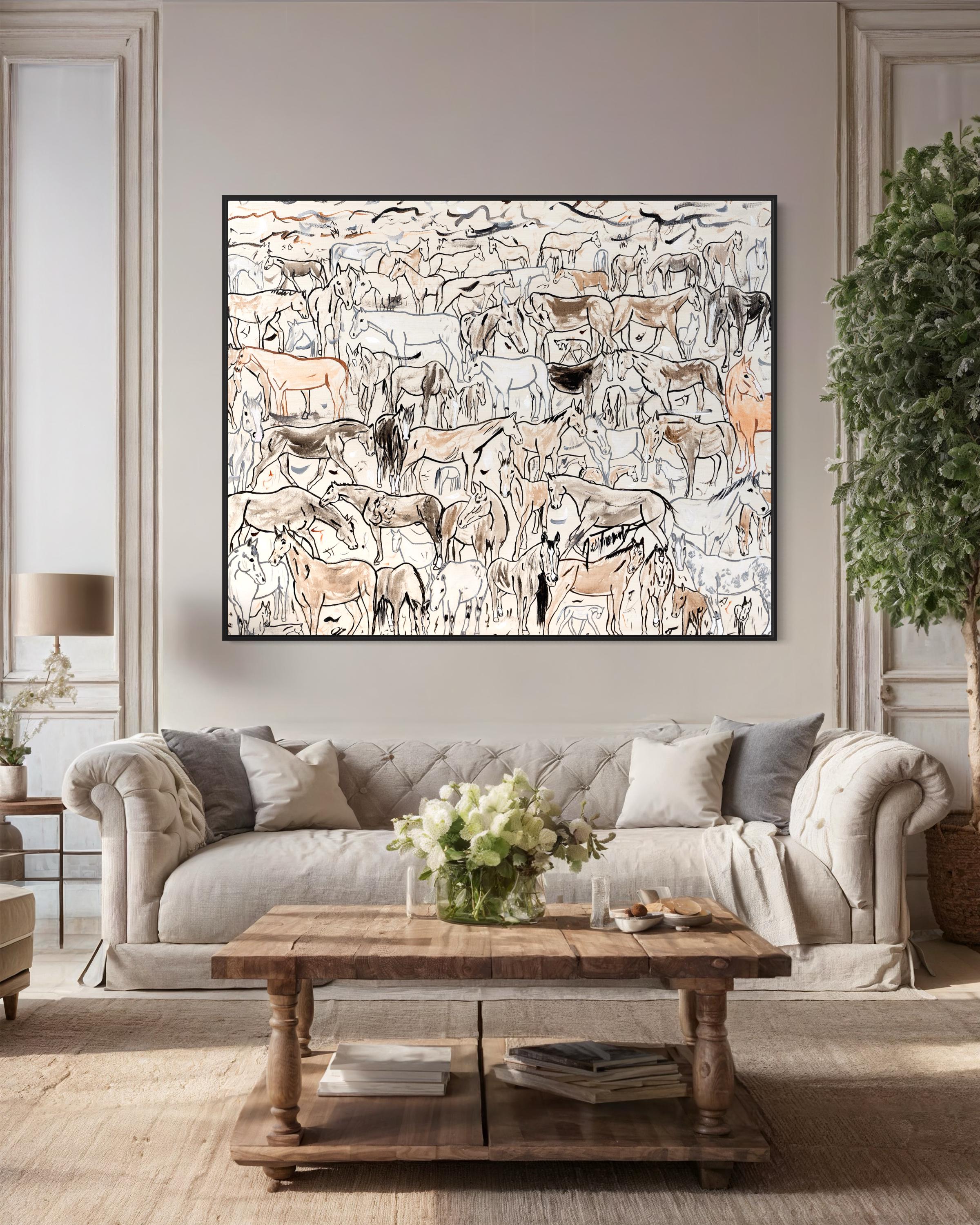 York St. Herd of Galloping Horses Abstract Canvas Wall Art, Mid Century Modern Original Art Print, Large Framed Painting Oversize Art Decor