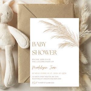 Convite para chá de bebê Pampas Boho, modelo editável de grama de Pampas, download instantâneo, convite para chá de panela Boho, convite para chá de panela