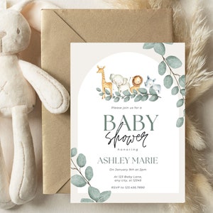 Invito per baby shower con animali, modello animale modificabile per bambini, download istantaneo, invito fiore di eucalipto, invito per baby shower in acquerello, SF