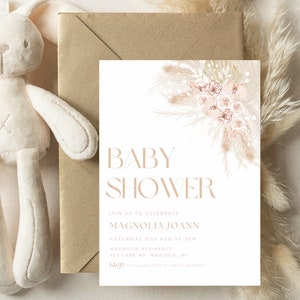Invitación de baby shower Blush Boho, plantilla editable de hierba de pampas, descarga instantánea, invitación de flores secas boho, invitación de despedida de soltera