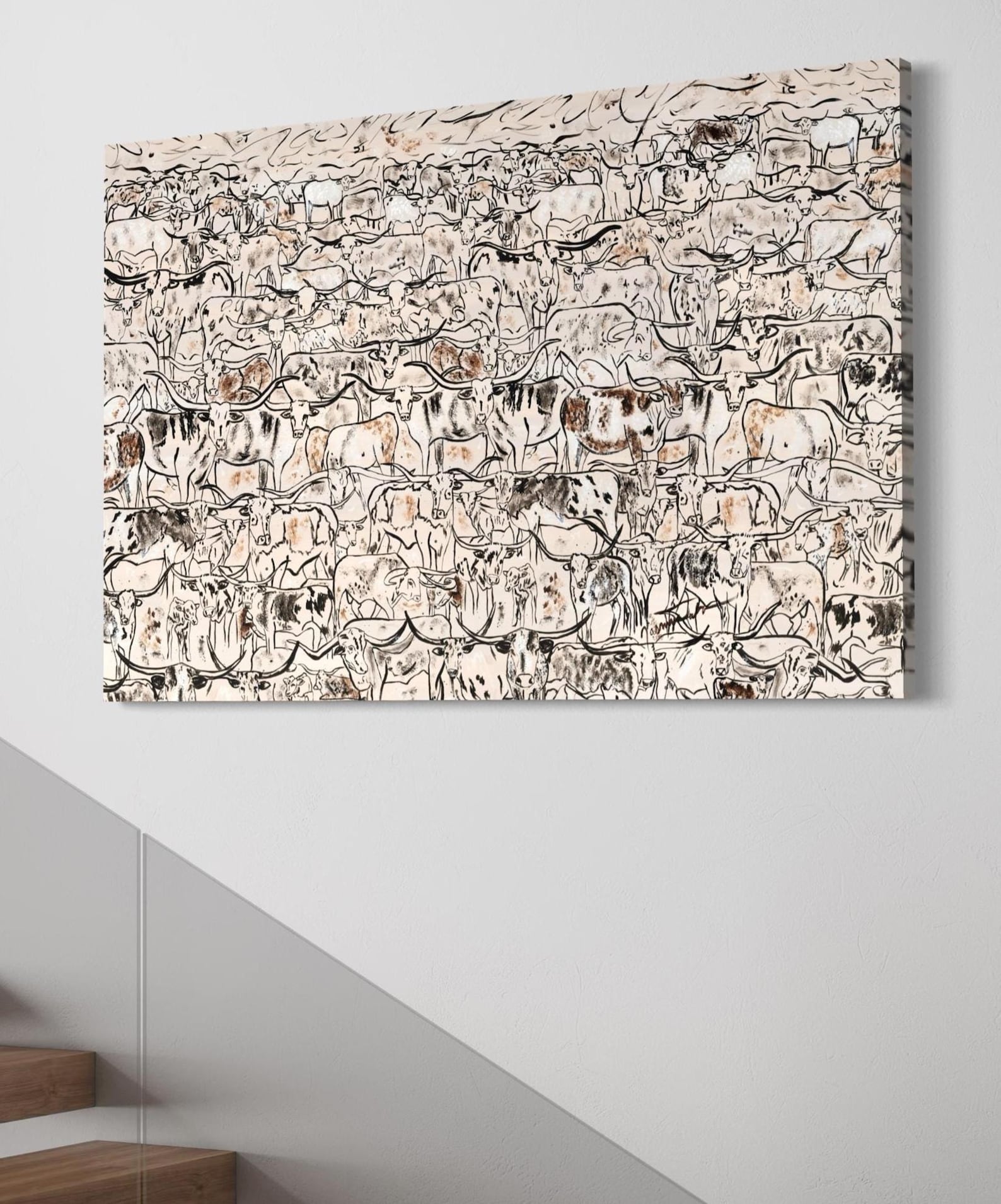 Longhorn Cattle Wall Art Print, Western Ranch Mountain Home Decor, Southwestern Canvas - Stretched Canvas, 40w x 30h *Landscape inches