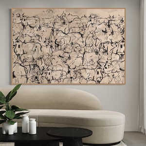 Same Day Shipping Original Abstract Canvas Wall Art, Mid Century Modern Canvas Print, Large Oil Painting Abstract Animals Art, Horse Cow