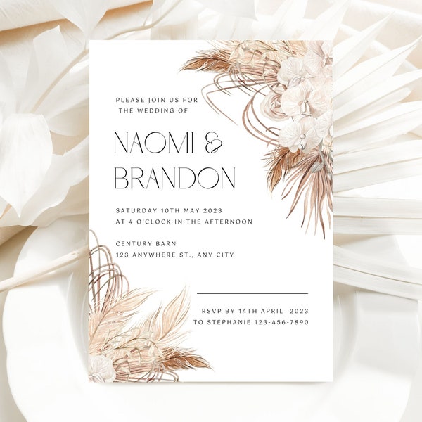 Boho Printable Wedding Invitation, Editable Pampas Grass Template, Instant Download, Bohemian Dried Flower Invite, Minimal Shower Invitation