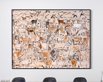 Playful Herd of Goats Abstract Canvas Wall Art Painting, Mid Century Modern Original Art Print, Large Oil Painting Oversize Framed Wall Art