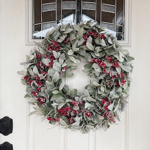 Frosted Red Berries and Lambs Ear Christmas Holiday Wreath for Front Door, Rustic Farmhouse Wall Decor, Christmas Gift for Home, With Ribbon