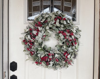 Frosted Red Berries and Lambs Ear Christmas Holiday Wreath for Front Door, Rustic Farmhouse Wall Decor, Christmas Gift for Home, With Ribbon