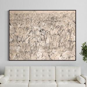 Galloping Herd of Horses Abstract Canvas Wall Art Print, Mid Century Modern Original Large Wall Oil Painting, Oversized Framed Art Decor HP1