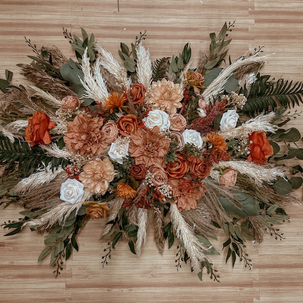 Rustic Boho Pampas and Eucalyptus Wedding Arch Arrangement, Fall Wedding Backdrop Flowers, Pampas Home Decor, Rust and Burnt Orange Bouquet