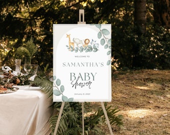 Animal Baby Shower Welcome Sign, Printable Shower Template, Instant Download, Eucalyptus Flower Invite, Watercolor Baby Animal Invite, SF