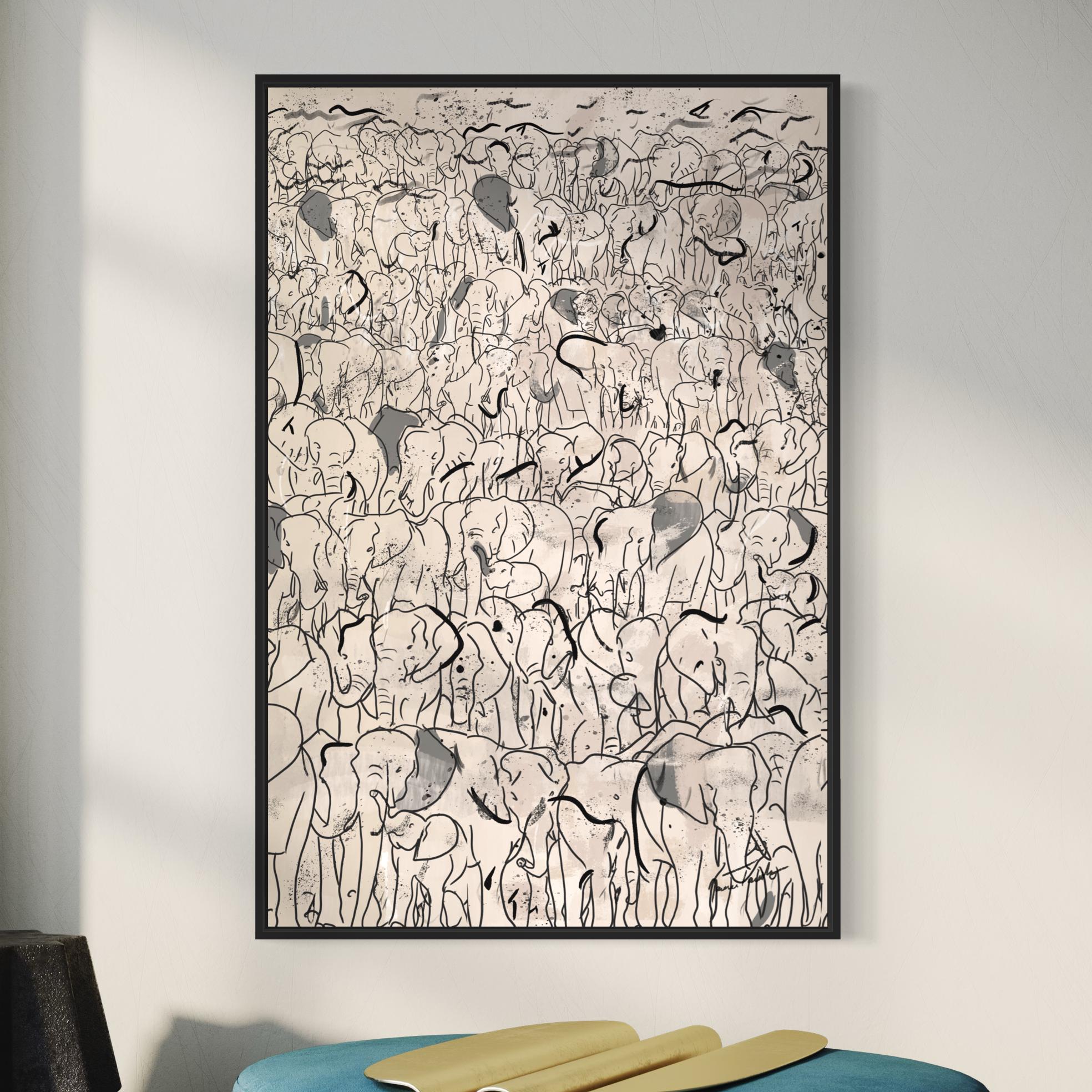 Thundering Herd Abstract Elephant Canvas Wall Art, Mid Century Modern Original Large Wall Art Oil Painting, Oversized Framed Print, HP1