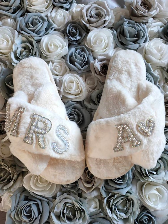 Personalised Bridal Slippers: Fluffy Wedding Bride Gift