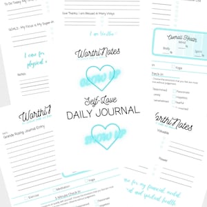 May include: A printable self-love journal with a blue and white color scheme. The journal includes prompts for daily reflection, gratitude, and self-care. The cover features the words "Worthi Notes" and a blue heart with the words "Glow Up" inside.