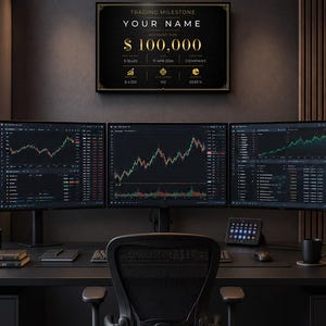 Può includere: Una targa da parete con cornice nera intitolata TRADING MILESTONE con il testo YOUR NAME e $ 100,000 in lettere dorate. Sotto sono riportati i dati FIRST PAYOUT $18,420, DATE 17 APR 2024, COMPANY, BEST DAY $4,320, TOTAL TRADES 142 e WIN RATE 63.83%.