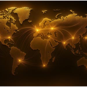 Golden Trade Network – Väggkonst med upplyst världskarta | Lyxigt tryck med globala kontakter i svartguld för handlare, investerare och chefer
