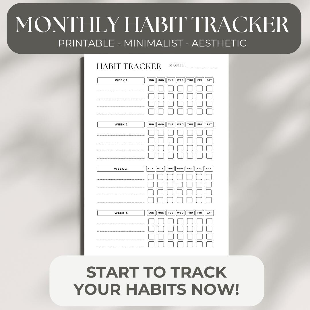 Minimalist Monthly Habit Tracker, Clean Grey Printable (PDF Download - Etsy