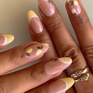 Press On Nails, Reusable , Fruit , Short Almond , French Tip , Y2K , Fruit, Cute, Summer Lemon Vacation, Acrylic