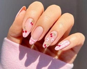Press On Nails, Reusable , Fruit , Short Almond , French Tip , Y2K , Cherry Blueberry Fruit , Cute , Acrylic