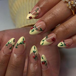 Ladybug Garden Press On Nails: Short Almond, French Tip, Cottagecore
