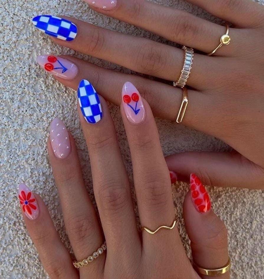 Press On Nails, Reusable , 4th Of July, Red White Blue , Stars, American , USA Cute Pretty Summer Holiday, Y2K Trendy, Acrylic